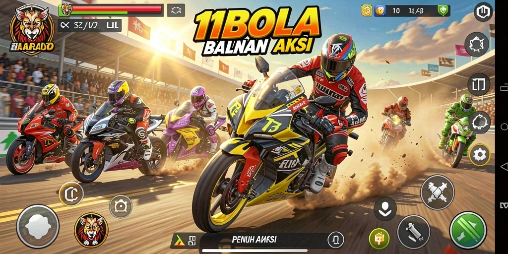 Tampilan gameplay seru dari 11BOLA dengan balapan motor menegangkan.