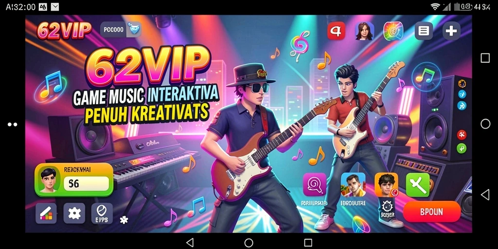 Tampilan gameplay interaktif 62VIP dengan berbagai alat musik.