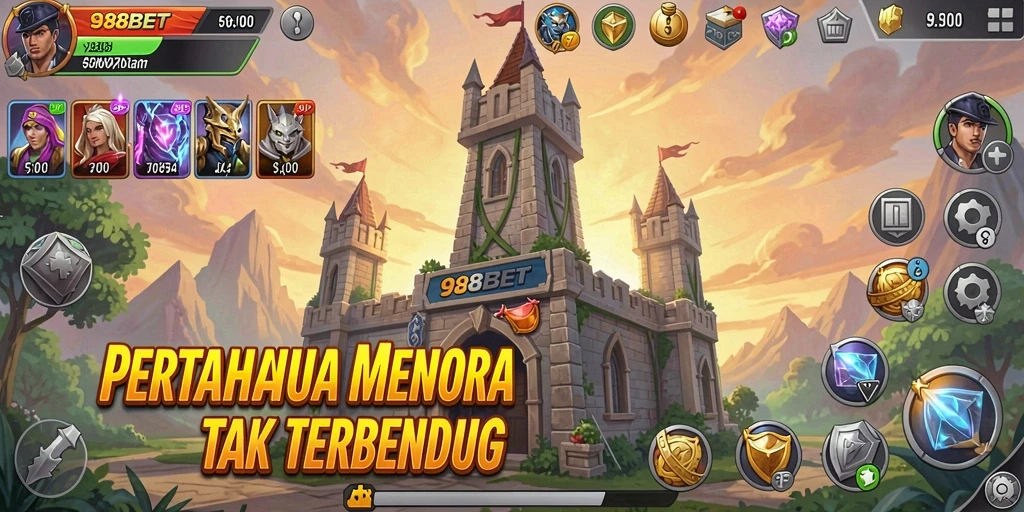 Tampilan gameplay 988BET dengan serangan menara yang memukau.