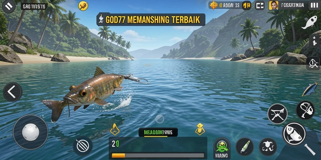 Tampilan gameplay GOD77 yang mendebarkan saat memancing ikan besar.