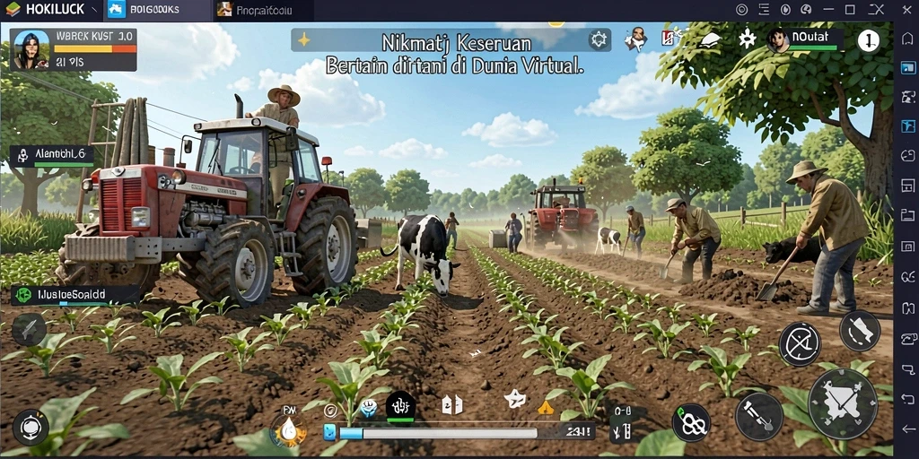 Tampilan gameplay HOKILUCK dengan aktivitas bertani yang seru.