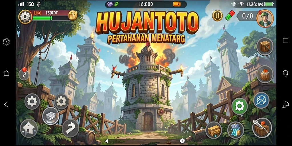 Tampilan gameplay HUJANTOTO saat mempertahankan menara dengan strategi cermat.