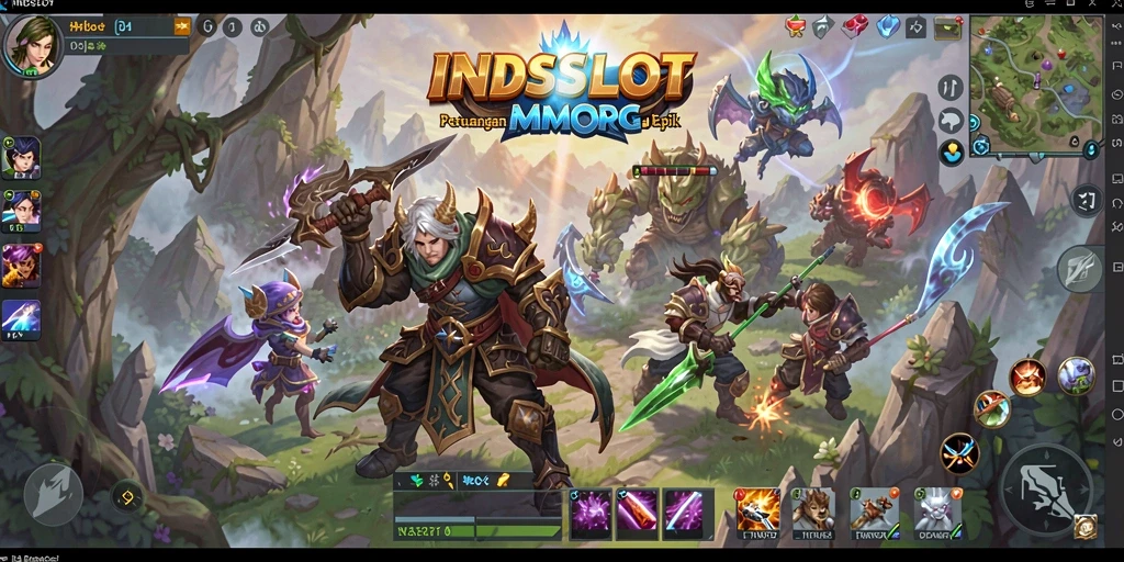 Tangkapan layar menunjukkan pertempuran seru di dalam game MMORPG INDSLOT.