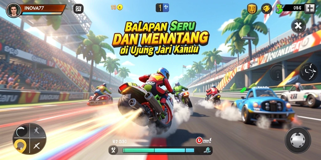 Screenshot utama INOVA77 menunjukkan aksi balapan penuh ketegangan dan kendaraan yang menakjubkan.