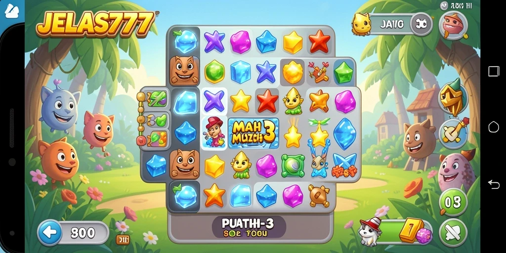 Tangkapan layar menunjukkan gameplay menarik dari JELAS777 dengan puzzle Match-3 yang penuh warna.