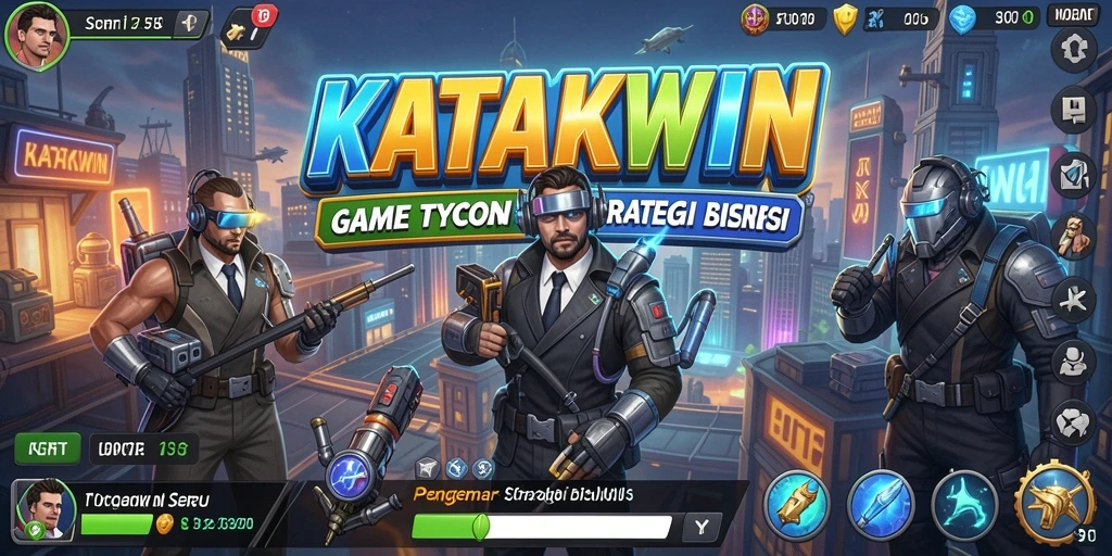 Tampilan gameplay KATAKWIN dengan berbagai elemen bisnis dan manajemen.