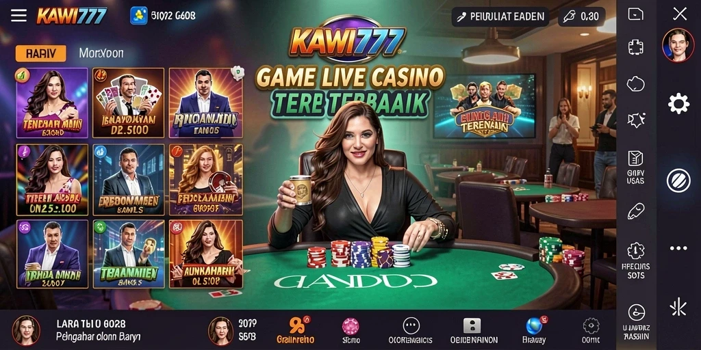 Screenshot gameplay KAWI777 dengan dealer langsung di meja permainan Live Casino.