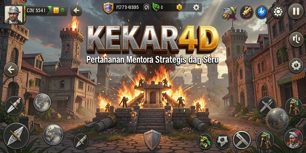 Tangkapan layar utama gameplay KEKAR4D dengan menara pertahanan yang kuat.