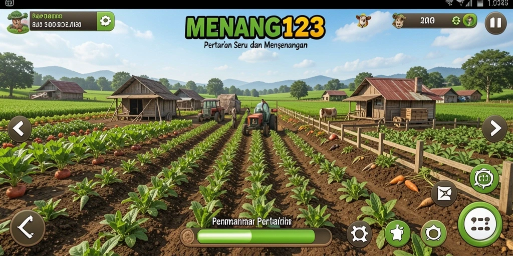 Tampilan gameplay seru di MENANG123 saat bertani dan merawat hewan.