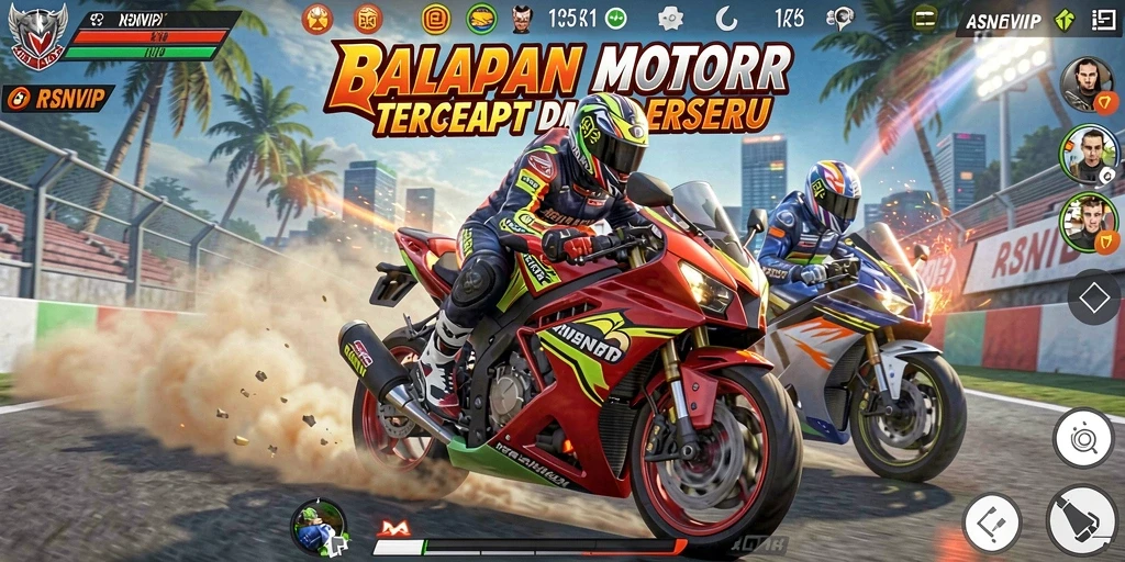 Screenshot gameplay RSNVIP yang menunjukkan aksi balapan motor yang mendebarkan.