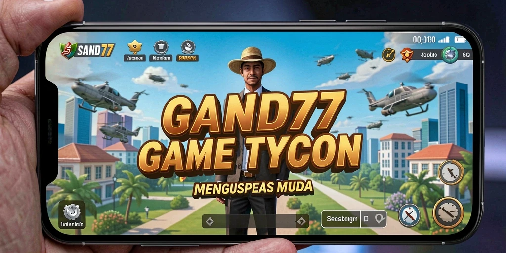 Screenshot utama SAND77 menunjukkan pemain memimpin bisnis Tycoon.