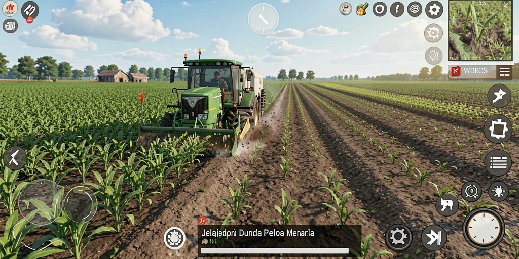 Screenshot gameplay WDBOS menunjukkan suasana pertanian yang hidup.